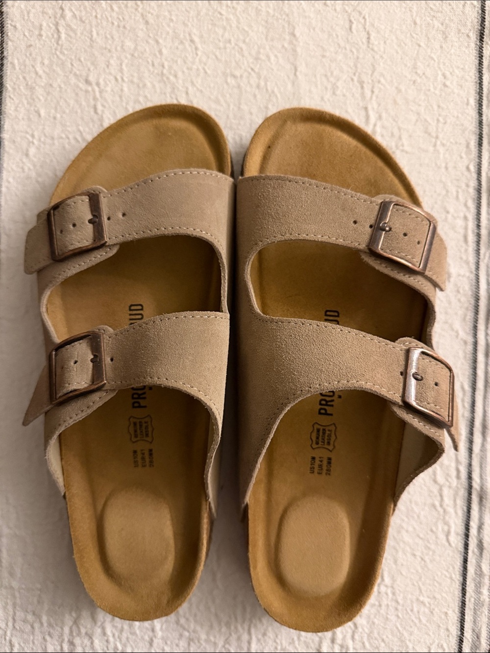 Kids Double-Buckle Suede Slide Sandals in Taupe